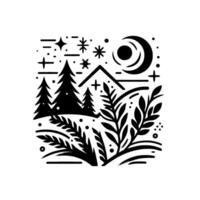A serene black and white square illustration of a moonlit forest scene, featuring stylized trees, stars, and foliage with a minimalist aesthetic. vector