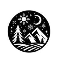 A monochromatic winter night scene within a circle. features a pine tree, mountain peaks, snowflakes, stars, a crescent moon, and a snowcovered field. vector