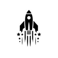A minimalist black silhouette of a rocket blasting off, surrounded by stylized stars and lines representing flames, against a white background. vector