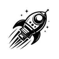 A bold, stylized black and white illustration of a retro rocket ship blasting off, surrounded by simple star accents. vector
