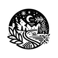 A stylized, black and white winter scene in a circle, featuring mountains, trees, snowflakes, a crescent moon, and a sledding path, evoking a serene, festive mood. vector