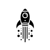 A minimalist black and white illustration of a rocket ship blasting off, with simplified engine exhaust and a clean, modern design. vector