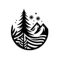 Minimalist black and white illustration of a winter mountain scene inside a circular frame with pine trees, mountains, and falling snow. vector