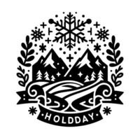 A monochrome holiday illustration showcasing a mountain landscape framed by decorative elements like snowflakes, foliage, and a banner reading holddday, all within a circular composition. vector