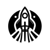 Monochromatic stylized featuring a rocket blasting off within a textured circle, with two flanking dots, suggesting space travel and innovation. vector