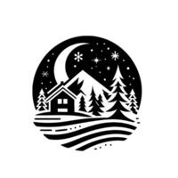 Serene black and white illustration a snowy winter scene of a cabin, pine trees, mountain under a crescent moon and starry sky, enclosed in a circular frame. vector