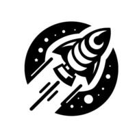 A stylized monochrome emblem depicts a rocket blasting off, enclosed within a dotted circular frame representing space, signifying flight and exploration. vector