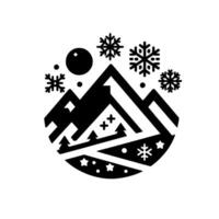 Geometric winter landscape a stylized black and white illustration of snowcapped mountains, snowflakes, a full moon, and evergreen trees, all arranged in a circular composition. vector
