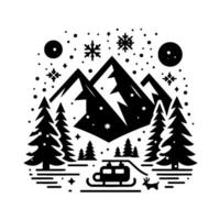 Monochrome winter scene with majestic mountains, towering fir trees, a sleigh with a vehicle, and snowflakes falling amidst celestial elements. vector