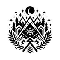 Intricate monochrome emblem mountainous cabin scene with starry night sky, crescent moon, snowflake, crossed axes, and laurel wreath, creating a rustic, wintery motif. vector