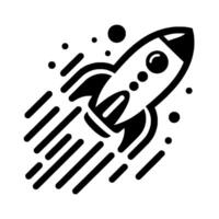 A stylized, minimalist illustration of a rocket ship soaring upward, leaving behind a trail of motion lines and accompanying scattered dots against a white background, signifying launch and space trav vector