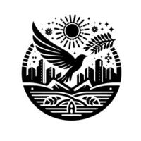 A stylized black and white illustration of a dove in flight, carrying an olive branch above a city and mountains, within a circular frame, beneath a sun and stars, symbolizing peace and harmony. vector