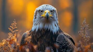 A magnificent eagle is beautifully captured in a stunning low flight close up framed against a vibrant and colorful autumn backdrop photo