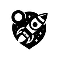 A stylized black and white illustration featuring a rocket ship soaring through a starfilled night sky, encapsulated within a heartshaped design, symbolizing adventure. vector