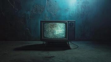 Old television set displaying static against a textured wall in a dimly lit environment during the evening photo