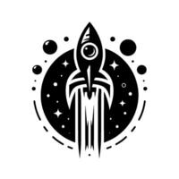 Black and white illustration of a rocket ship blasting off, framed by a circular space background with stars and planets. vector