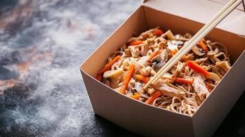 Noodles served in a takeout box with vegetables and chicken, captured at a cozy dining spot in the early evening photo