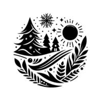 Monochromatic winter scene trees, sun, and nature elements in a circular, stylized christmas design. vector