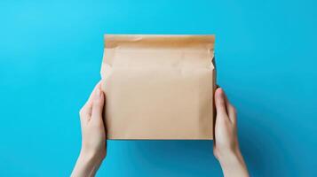 Hands holding a brown paper package on a bright blue background while preparing for delivery or unboxing at home during daytime photo