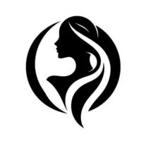 Silhouette of a womans profile, featuring flowing hair within a circular frame, creating a modern, elegant design. vector