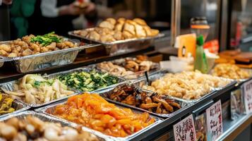 A lively market stall showcases an impressive array of colorful, cooked dishes, drawing crowds during the busy lunch hours photo
