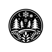 Intricate monochrome winter scene emblem featuring stylized evergreen trees, snowflakes, crescent moon, and decorative foliage within a circular border, evoking a sense of tranquility. vector