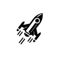 A stylized black and white rocket ship, taking off diagonally, with detailed engine trails against a pristine white background, conveying a sense of speed and innovation. vector
