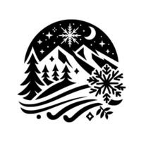 A stylized, minimalist winter landscape, featuring mountains, pine trees, snowflakes, crescent moon, and stars, within a circular frame. vector
