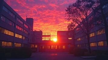 Captivating sunset illuminates school buildings creating a surreal atmosphere during late afternoon hours photo