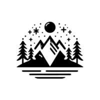 Stylized black and white illustration of a mountainous landscape at night, featuring a moon, stars, trees, and lake, evoking a sense of peace and nature. vector