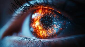 Exploring the intersection of technology and humanity through a futuristic digital representation of an eye in vibrant colors showcasing intricate patterns and data photo