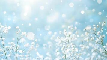 Delicate white flowers amid a shimmering blue background create a serene and enchanting atmosphere in springtime photo