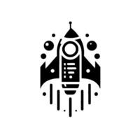 Sleek, minimalist illustration of a rocket ship taking off, rendered in a contrasting black and white palette with stylized exhaust and surrounding orbs. vector