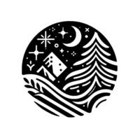 A monochrome circular illustration depicting a serene nighttime wilderness scene with a stylized mountain, pine tree, and celestial elements like the moon and stars. vector