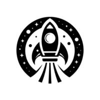 A sleek, black and white illustration of a rocket ship poised for launch, encompassed by a ring of stars and celestial bodies, set against a clean white background. vector
