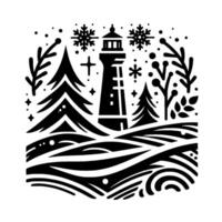 A minimalist winter scene featuring a stylized lighthouse, surrounded by snowcovered terrain, fir trees, snowflakes, and decorative botanical elements in a bold black and white design. vector