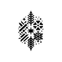A monochrome, stylized winter holiday emblem, showcasing snowflakes, stars, fir trees, and abstract elements in an oval composition. vector