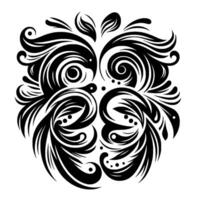 Symmetrical black white floral an ornate, abstract pattern with swirling lines, curves, leaf shapes, and dot details, creating a visually rich composition. vector