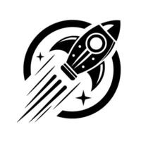 Bold monochrome emblem of a rocket ship blasting off within a stylized circular frame, with shooting star lines and star accents. vector