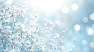 A cluster of delicate white flowers gracefully blooms, set against a soft, blurred blue background that enhances the serene atmosphere photo