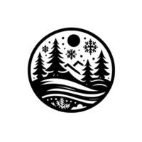 Minimalist winter scene silhouetted evergreens, snowcapped mountains, and falling snowflakes enclosed in a circular frame. vector