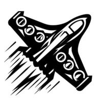 Stylized monochrome illustration of a space shuttle taking off with speed lines, representing motion, isolated on white. vector