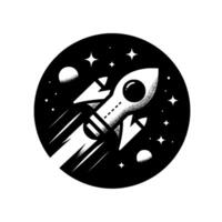 A retrostyled, black and white circular illustration depicting a rocket ship taking off into the starry cosmos, surrounded by planets and stars, conveying a sense of adventure and exploration. vector