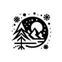 A stylized black and white winter landscape composition within a circular frame featuring a silhouetted pine tree, mountains, and falling snow, evoking tranquility. vector