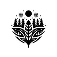 A minimalist black and white symmetrical composition depicts a wintery landscape within a stylized leaflike shape. featuring fir trees, snowflakes, a moon and dot elements, the is set against vector