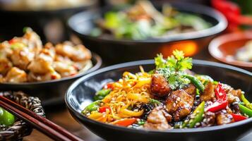 Vibrant stir-fried noodles and vegetables served in a bowl with a backdrop of assorted Asian dishes in a cozy dining setting photo