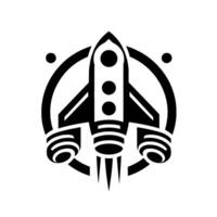 A bold, minimalist illustration of a rocket ship launching, set within a circular frame, with contrasting black and white elements, representing progress. vector