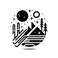 Monochromatic winters embrace a minimalist ski resort with celestial bodies, fir trees, and snow. vector