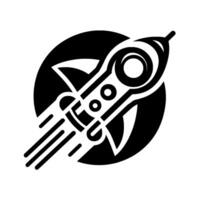 Stylized black and white rocketship inside a textured circle, emphasizing speed and forward movement. vector