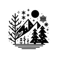 Monochromatic winter scene a circular composition showcasing a stark black and white landscape featuring snowcapped mountains, evergreen trees, a full moon, snowflakes, and stylized winter flora. vector
